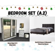 Set Bilik Tidur Almari Baju Wardrobe 5x7kaki Meja Solek Katil Kulit PVC Divan Katil Single Super Sin