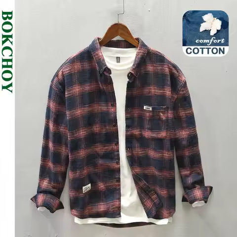 Spring and Autumn New Men 100% Cotton Retro Plaid Casual Long Sleeve Shirt for Men Clothing Pocket W