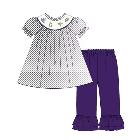 Newest design mardi gras kids clothes boutique outfit smocked children clothing for baby girl outfit