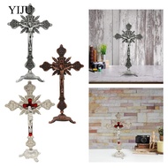 [YIJU] Standing Crucifix Cross Metal Christian Statue Table Ornament Sculpture Catholic Collectible 