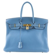 二手愛馬仕 Birkin 35 手提包，Taurillon Clemence 藍色牛仔布，2003 年款，淺藍色，G 字樣，配 A5 肩帶。