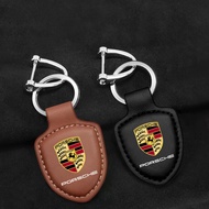 Leather Car Keychain Shield Type Key Ring For Porsche Panamera Cayenne Taycan 911 718 Macan Carrera-