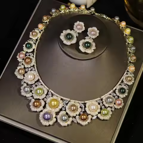 High Quality Zircon Pearls Jewelry sets Luxury Designer Flower Necklace Women Sparkling Dubai Bridal