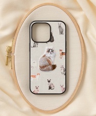 立體刺繡手機殼 iPhone 13 PRO PU合成皮革 貓咪x米白