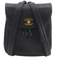 香奈兒 Coco Mark 雙肩包/日用包，鏈條雙肩包，魚子醬紋皮革，黑色，單肩包，A5 尺寸，旋扣，女士 [二手]