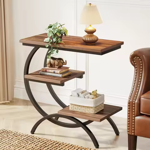 Tribesigns C-Shaped End Table, Industrial 3-Tier Small Table for Couch, Wood Bedside Table Snack Tab