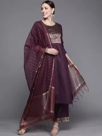 Traditional Indian Clothing 3-piece Jacquard Set And A Medium Length Cotton Blend Set In Purple Indi
