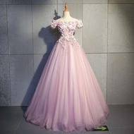 粉色一字肩婚紗晚禮服