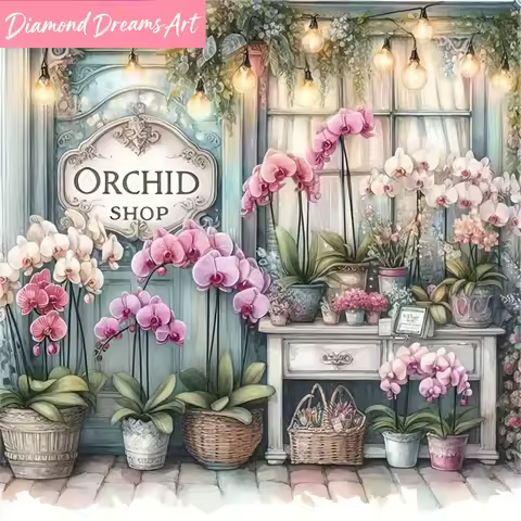 New Arrival Diamond Embroidery Orchid Shop Landscape Full Square Round Diamond Mosaic House Kits Pai
