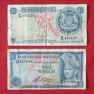 Singapore 1 Dollar & Malaysia 1 Ringgit Old Banknotes 2pcs Lot Set - Mix World Banknotes