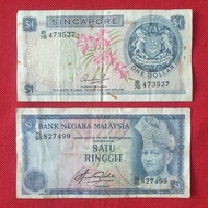 Singapore 1 Dollar &amp; Malaysia 1 Ringgit Old Banknotes 2pcs Lot Set - Mix World Banknotes