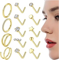CASDAN 14Pcs 20G Nose Ring Studs For Women 14K Gold Plated Nose Rings 316L Surgical Steel Gold Nose 