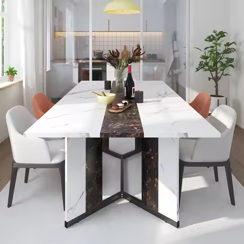 Luxurious 71-Inch Large Rectangular Dining Table with Marble-Color Wood Top, Adjustable V-Shaped Leg