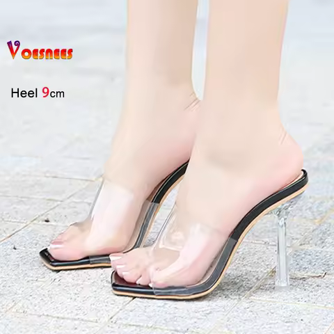 Plus Size 46 Transparent Ladies Shoes 9CM Stiletto Slides Summer Shoes Women Square Toe Sandals Clea