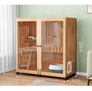 全城熱賣 - 實木家用兩層貓屋貓籠貓床貓別墅（清漆【鋼化玻璃門】含側門洞+貓抓柱）【尺寸：120*120*60cm】