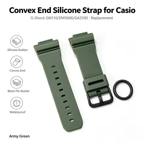 Convex End Silicone Strap for Casio G-Shock GM110 DW5600 GA900 GA2100 Army Green Black Pin Buckle Me