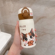 Diller Portable Insulated Stainless Steel Straw Water Bottle Cute Cat Pattern for Women Small Size C