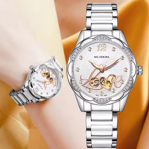 ORKINA Women Watch Automatic Mechanical Skeleton Luxury Diamond Bezel Luminous Hands Ceramic Steel S