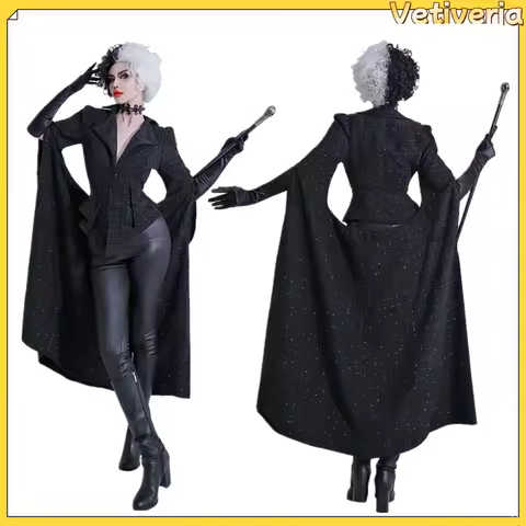 Female Cruella Cosplay Costume Black Coat Wig Outfits Adult Halloween Carnival Role Play Women Cloth