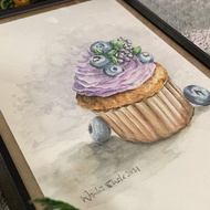 水彩原畫/奶油藍莓杯子蛋糕/繪畫收藏/掛畫擺飾/禮物/聖誕節