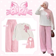 One Set Sweater Trendy 3in1Wanita Hommy Stripe Pink Pants + Arya Knit Top + Pashmina Ceruty Baby Dol