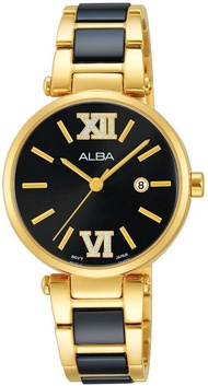 นาฬิกาข้อมือผู้หญิง ALBA Sparking Lady รุ่น AH7H12X1 ขนาดตัวเรือน 30 มม. หน้าปัดสีดำ ขอบสีทอง  สาย Stainless steel สีทอง สลับกับเซรามิค สีดำ