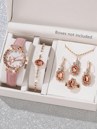6入組女性休閒粉色pu皮帶音符圖案石英手錶,附大號鑽石珠寶套裝,閃閃發亮的奢華