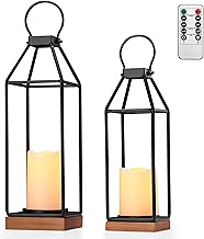 Perfnique Black Metal Lantern w/Pine Wood, 2 Lanterns Decorative w/ 6hr Timer Flickering Flameless C