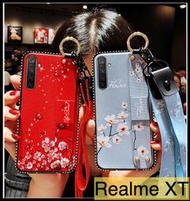 【萌萌噠】OPPO Realme XT 奢華腕帶支架復古花朵碎花 全包軟邊鑲鑽 手機殼 手機套 附同款掛繩