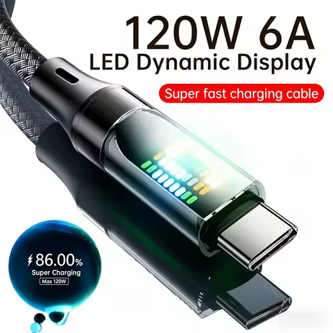 120W Type C Fast Charging Cable 6A USBA to Type C Nylon Data Cord for Xiaomi Samsung With Led Displa