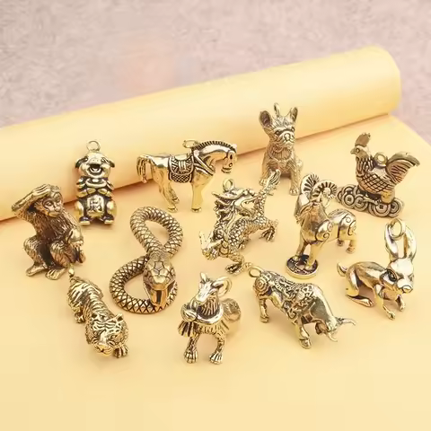 Retro Chinese Twelve Zodiac Statues Bull Dragon Ornament Sculpture Copper Miniatures Figurines Zodia