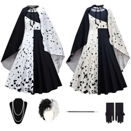 Cruella Dress For Girls Clothes Kids Black White Dress Wig Necklace Cruella De Vil Cosplay Polka Mai