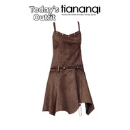 TIANANQI | Wasteland Style Cowgirl Leather Jacket Dress Outfit Set