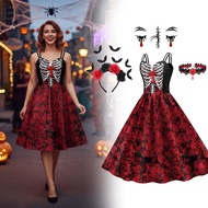Women's Halloween Gothic Skeleton Rose Midi Dress with Accessories
