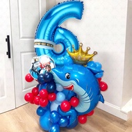 QI LJH 40pcs Crown Shark-Themed Balloon Set, Including 32-Inch Blue Numbers 0/1/2/3/4/5/6/7/8/9, Red