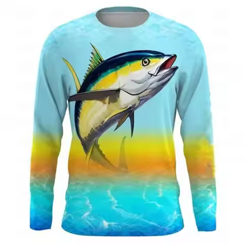 Fishing pattern 3D printed men's long sleeve T-shirt round neck outdoor quick-drying casual sports f