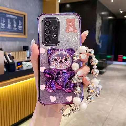 Pearl Strap Glitter Teddy bear Phone Holder Case For Samsung Galaxy A13 A14 A15 A16 A24 A25 A34 A35 