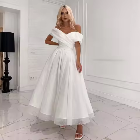Sparkly Wedding Dress Beach Off The Shoulder Princess Bridal Dress Glitter A-Line Elegant Short Shin