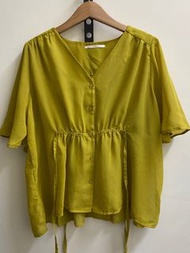 日本retro girl 芥末黃色可綁腰身雪紡紗短袖上衣
