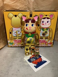 BEARBRICK 招き猫 ペコちゃん 金メッキ 蓄光 ミルキー入り 100% & 400%  be@rbrick 牛奶妹 招財貓 peko 夜光 不二家