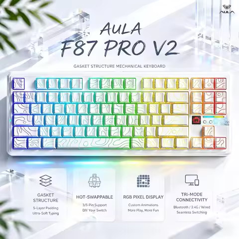 AULA F87 PRO V2 Wireless Mechanical Keyboard 87Keys TKL Gasket Hot Swappable RGB Dot Matrix Screen T