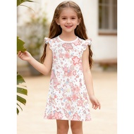 Girls' romantic‑fashion 3D lamb‑print crew‑neck flutter‑sleeve dress, a comfortable outdoor dress, i