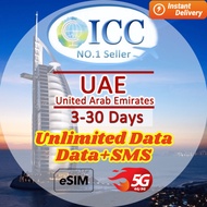 ICC eSIM United Arab Emirates (UAE) 3-30 Days Unlimited Data(Can top up reuse)| Data+SMS support TT|