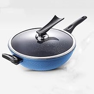 Wok Saucepan Frying pan Non-Stick Pot Maifan Stone Wok Non-Stick pan smokeless Flat Frying pan fire Pot 30cm Frying Pan (Color : Blue) (Blue) interesting