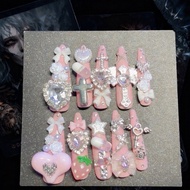 Jirai Kei Shibuya Gyaru Handmade Press On Nails Pink Diamond Sweet Heart Cross Bow Crown Pearl Long 
