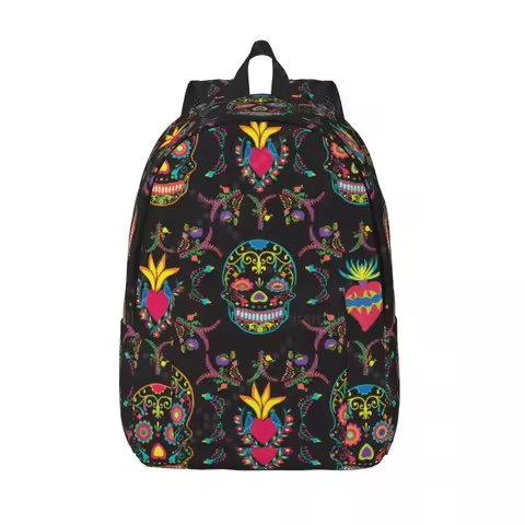 Mexican Skull Rose School Backpack Women Girl Laptop Bookbag Durable Casual Daypack Lightweight Hiki