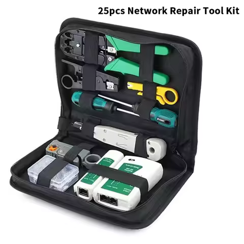 25Pcs Computer Network Repair Tool Kit LAN Cable Tester Wire Cutter Screwdriver Pliers Crimping Main