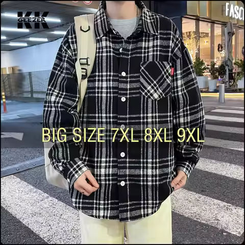 Men Shirt Plaid Fleece Long Sleeve Black Oversize 6XL 7XL 8XL 9XL Plus Size Autumn Fashion Casual Lo