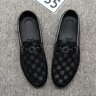 2025 Men's Shoes Casual Plaid Peas Shoes Men Korean Lazy Shoes Social Guy Leather Shoes