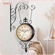 [szxmkj2lp] Double Faced Station Clock Retro Design Mute Round Garden Clock Wall Hanging Wall Clock 